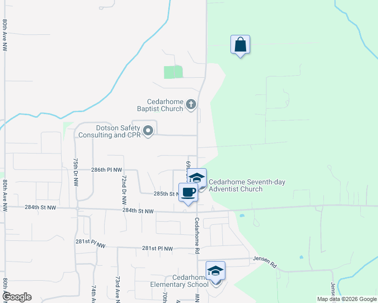 map of restaurants, bars, coffee shops, grocery stores, and more near 6903 287th Place Northwest in Stanwood