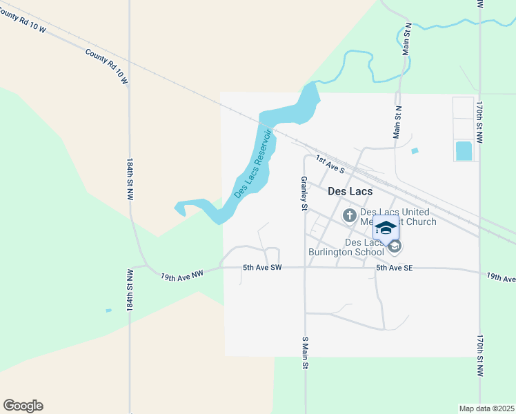 map of restaurants, bars, coffee shops, grocery stores, and more near 104 5th Avenue Southwest in Des Lacs