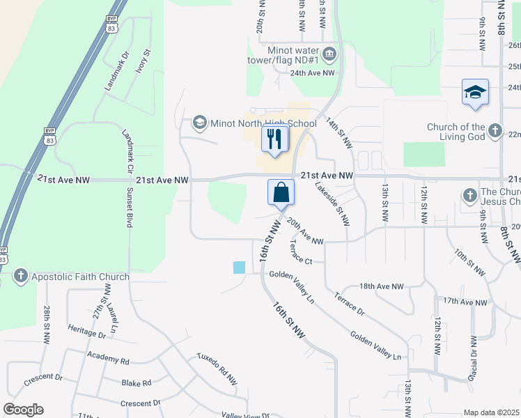 map of restaurants, bars, coffee shops, grocery stores, and more near 1605 20th Avenue Northwest in Minot