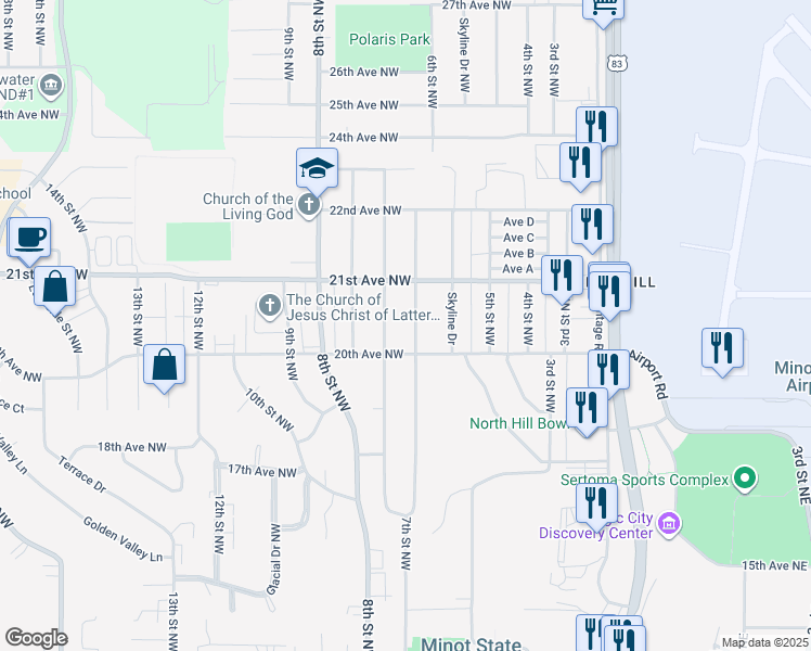 map of restaurants, bars, coffee shops, grocery stores, and more near 2019 6th Street Northwest in Minot
