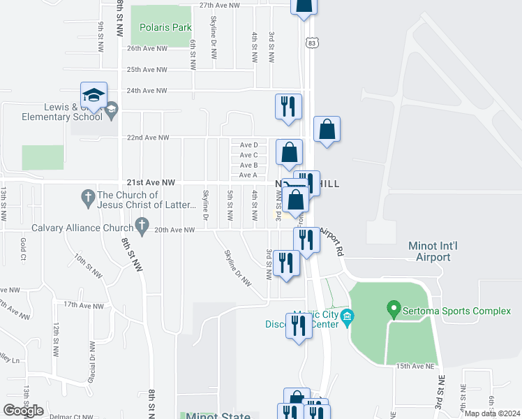 map of restaurants, bars, coffee shops, grocery stores, and more near 2041 4th Street Northwest in Minot