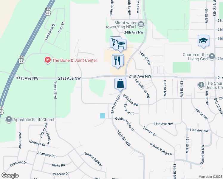 map of restaurants, bars, coffee shops, grocery stores, and more near 1612 20th Avenue Northwest in Minot