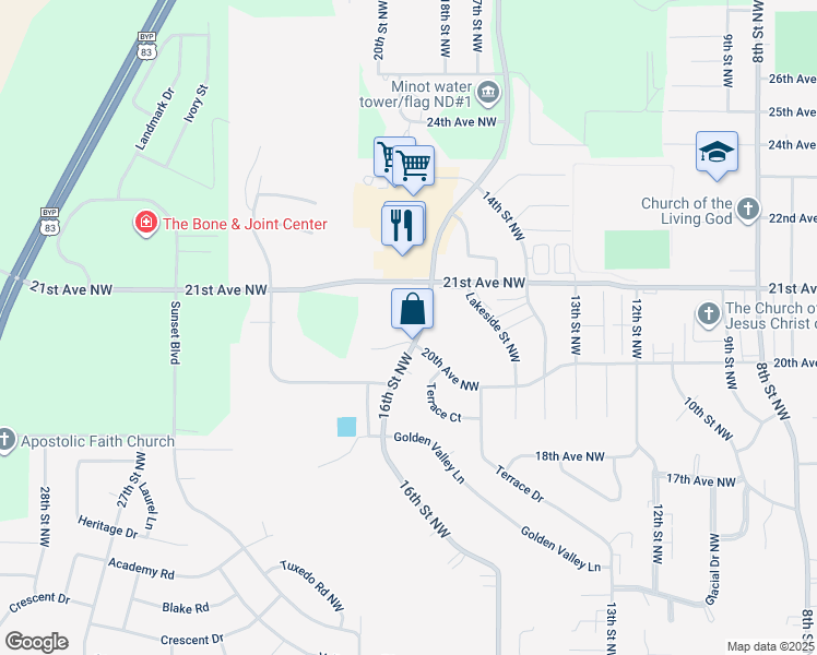 map of restaurants, bars, coffee shops, grocery stores, and more near 3248 23rd Avenue Northwest in Minot