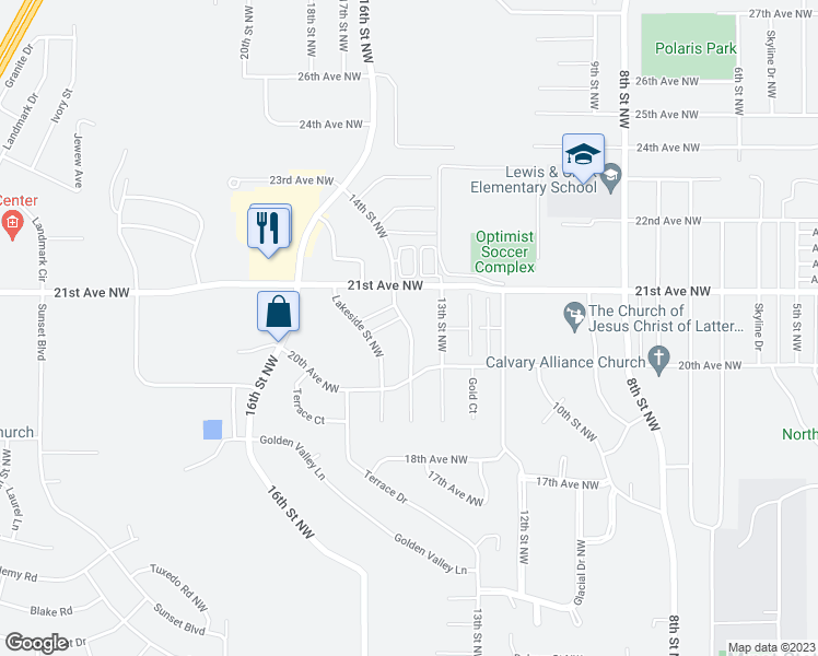 map of restaurants, bars, coffee shops, grocery stores, and more near 2059 14th Street Northwest in Minot