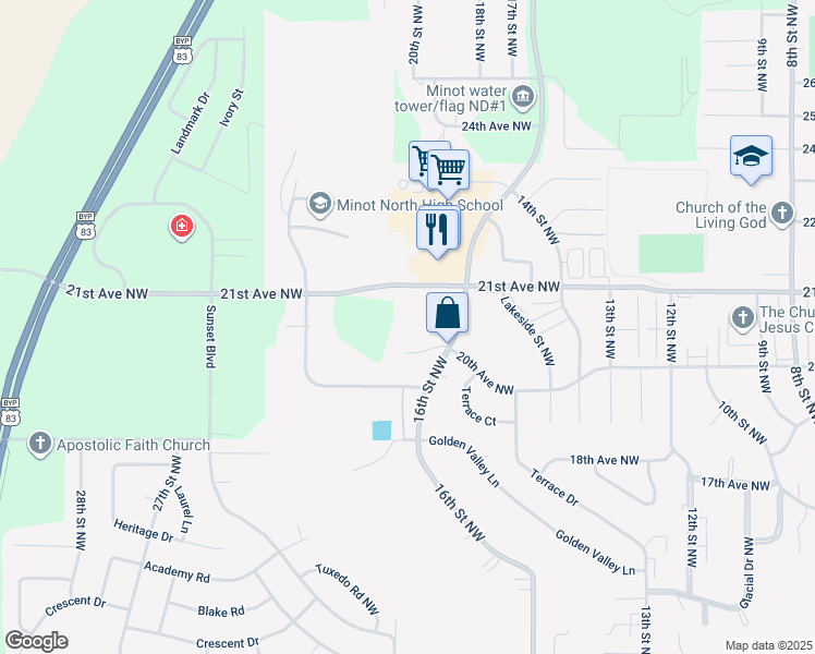 map of restaurants, bars, coffee shops, grocery stores, and more near 1612 20th Avenue Northwest in Minot