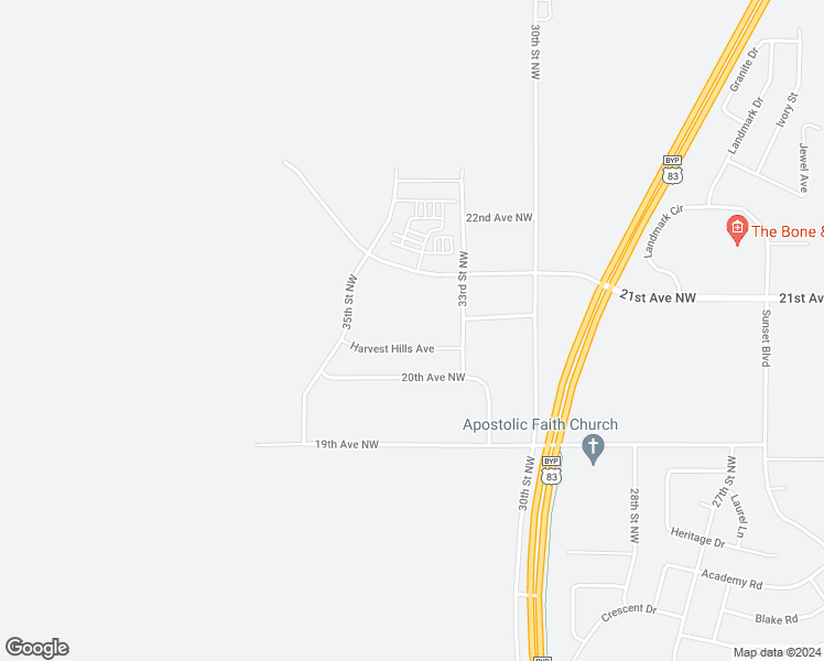 map of restaurants, bars, coffee shops, grocery stores, and more near 3334 Harvest Hills Avenue in Minot