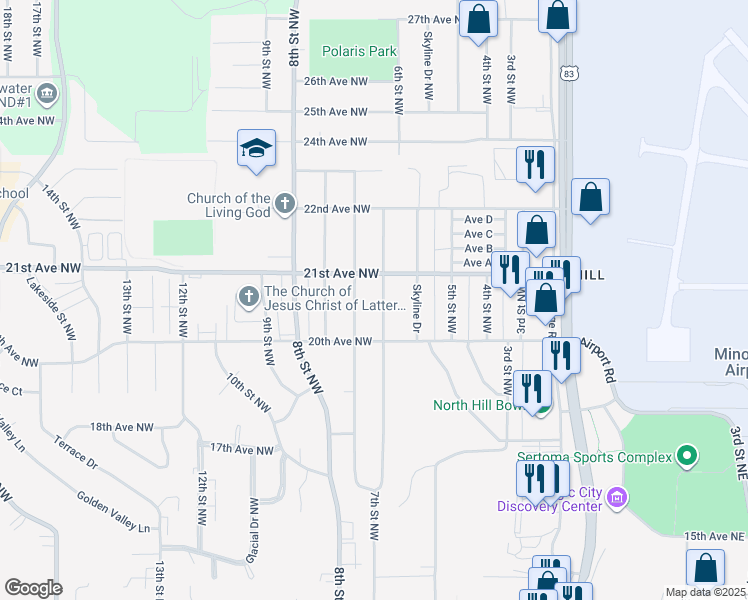 map of restaurants, bars, coffee shops, grocery stores, and more near 2019-2099 6th Street Northwest in Minot