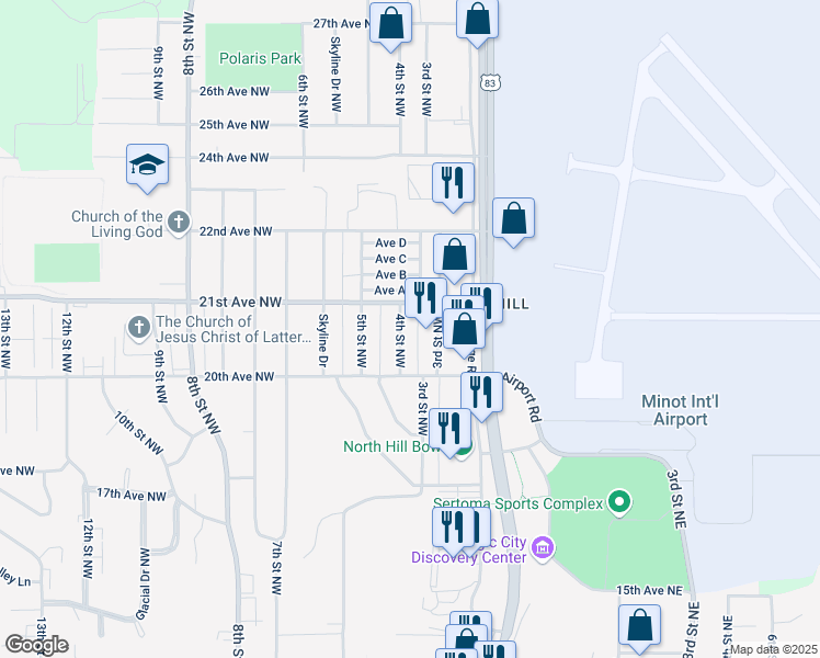 map of restaurants, bars, coffee shops, grocery stores, and more near 2041 4th Street Northwest in Minot