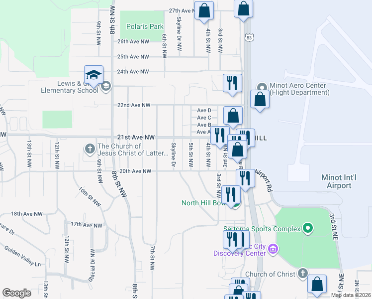 map of restaurants, bars, coffee shops, grocery stores, and more near 2039 5th Street Northwest in Minot