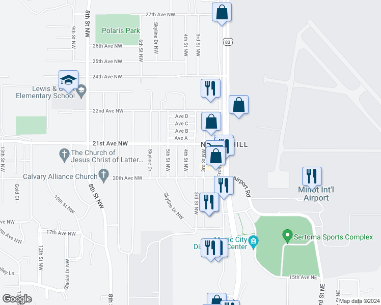 map of restaurants, bars, coffee shops, grocery stores, and more near 2041 4th Street Northwest in Minot