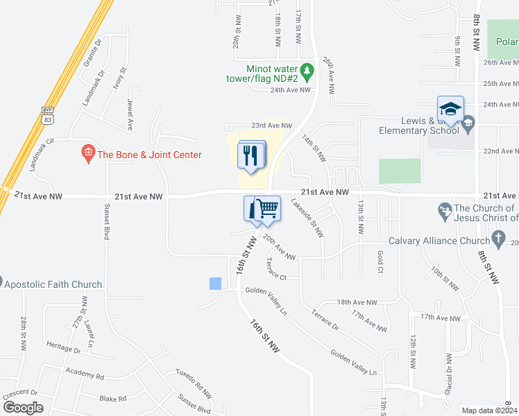 map of restaurants, bars, coffee shops, grocery stores, and more near 3248 23rd Avenue Northwest in Minot