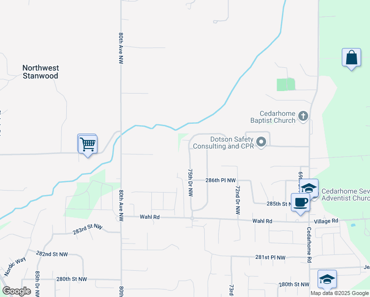 map of restaurants, bars, coffee shops, grocery stores, and more near 28800 75th Drive Northwest in Stanwood