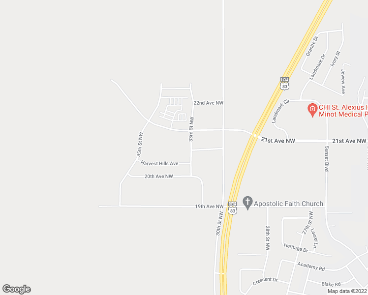 map of restaurants, bars, coffee shops, grocery stores, and more near 2031 33rd Street Northwest in Minot