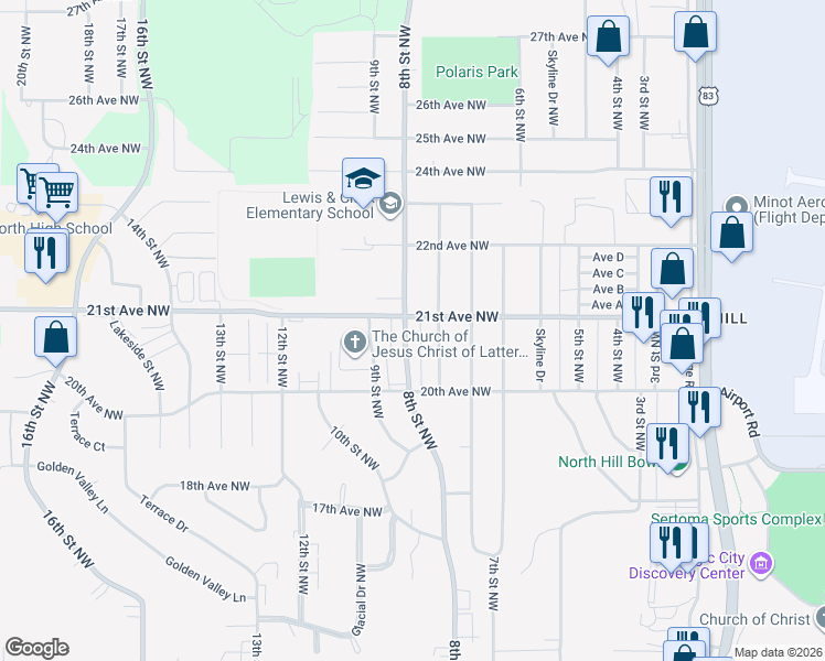 map of restaurants, bars, coffee shops, grocery stores, and more near 2042 8th Street Northwest in Minot