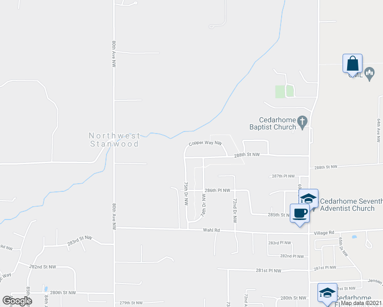 map of restaurants, bars, coffee shops, grocery stores, and more near 7411 288th Street Northwest in Stanwood