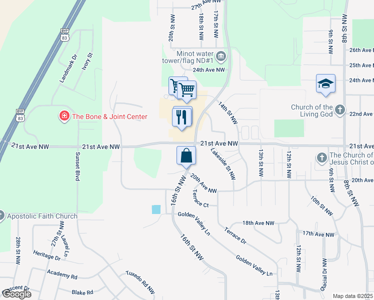 map of restaurants, bars, coffee shops, grocery stores, and more near 3248 23rd Avenue Northwest in Minot