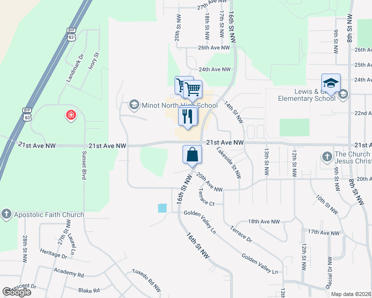 map of restaurants, bars, coffee shops, grocery stores, and more near 1612 20th Avenue Northwest in Minot