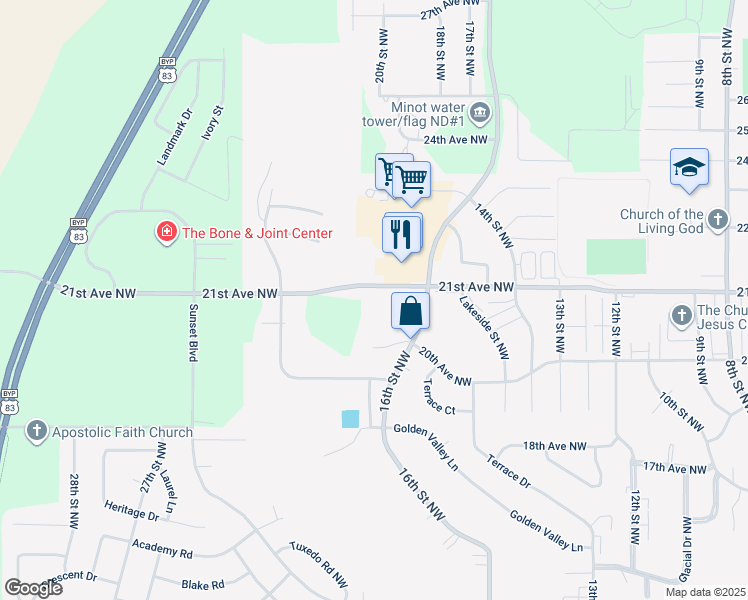 map of restaurants, bars, coffee shops, grocery stores, and more near 1612 20th Avenue Northwest in Minot