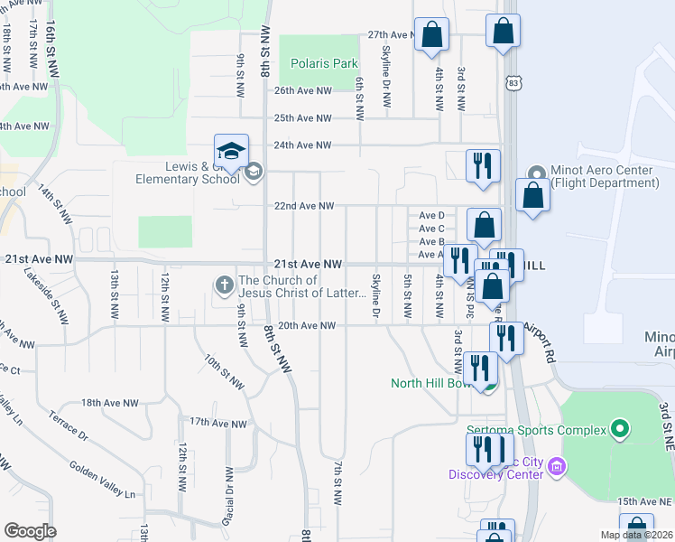 map of restaurants, bars, coffee shops, grocery stores, and more near 2019-2099 6th Street Northwest in Minot