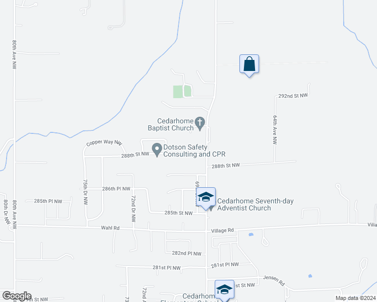 map of restaurants, bars, coffee shops, grocery stores, and more near 7017 288th Street Northwest in Stanwood