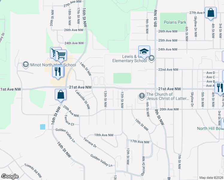 map of restaurants, bars, coffee shops, grocery stores, and more near 12th Street Northwest in Minot