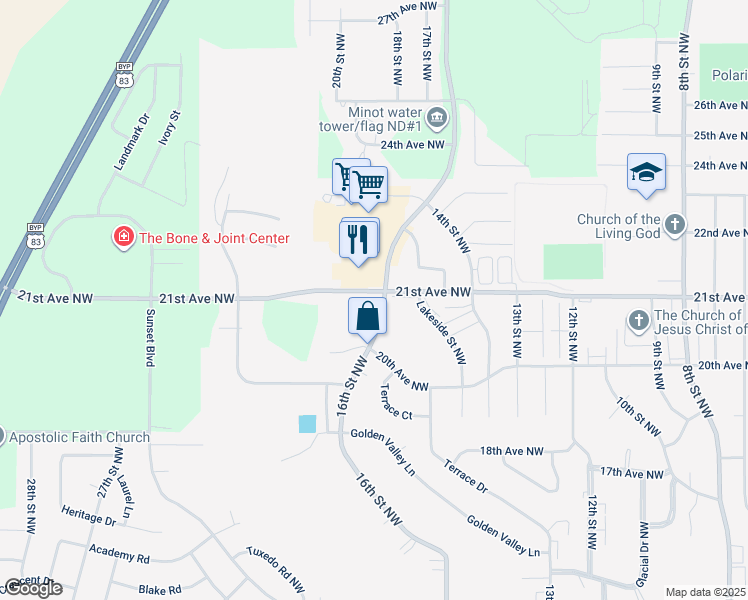 map of restaurants, bars, coffee shops, grocery stores, and more near 3248 23rd Avenue Northwest in Minot