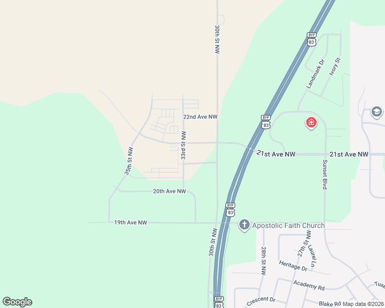 map of restaurants, bars, coffee shops, grocery stores, and more near 2024 33rd Street Northwest in Minot