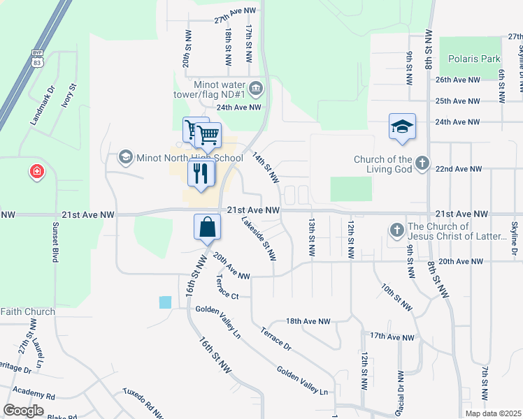 map of restaurants, bars, coffee shops, grocery stores, and more near 2059 14th Street Northwest in Minot
