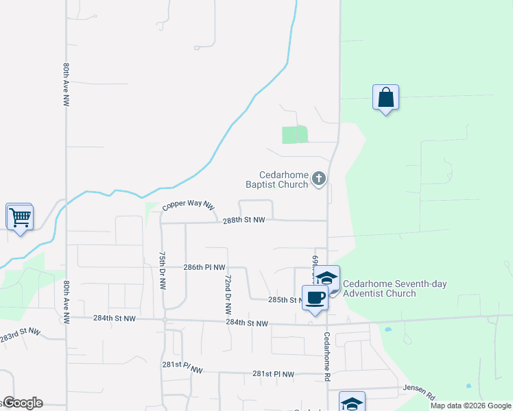 map of restaurants, bars, coffee shops, grocery stores, and more near 7148 288th Street Northwest in Stanwood