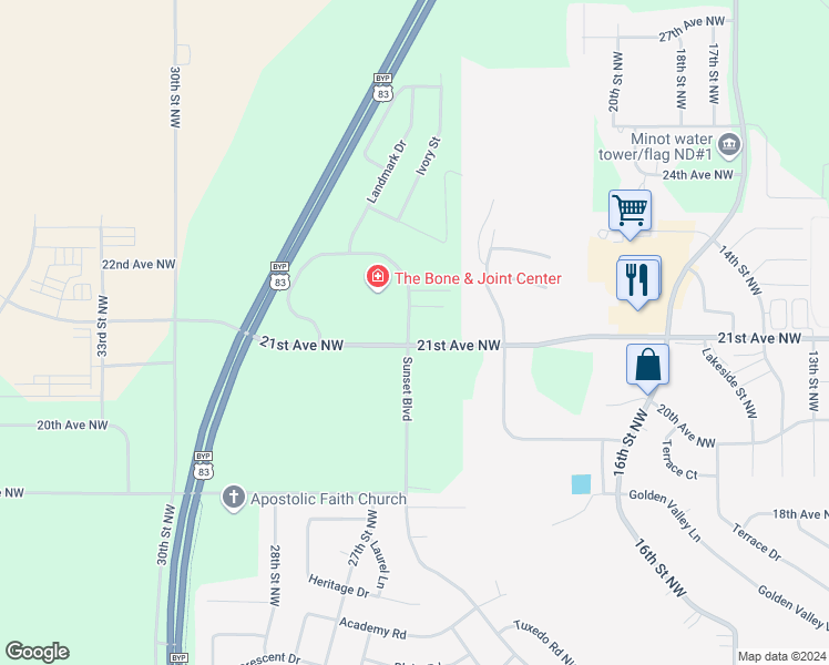 map of restaurants, bars, coffee shops, grocery stores, and more near 2150 21st Avenue Northwest in Minot