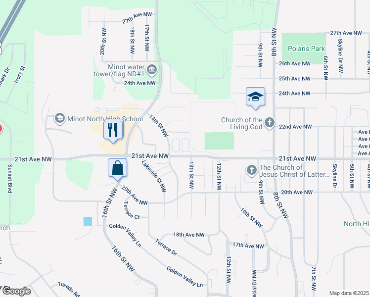 map of restaurants, bars, coffee shops, grocery stores, and more near 13th Street Northwest in Minot