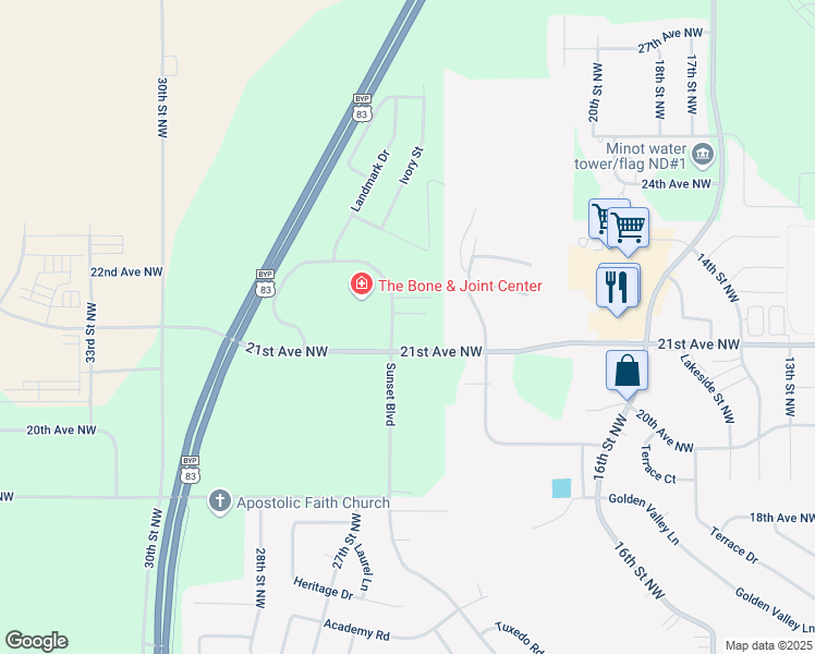 map of restaurants, bars, coffee shops, grocery stores, and more near 2150 21st Avenue Northwest in Minot