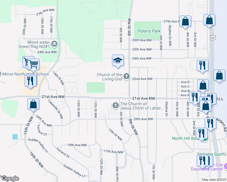 map of restaurants, bars, coffee shops, grocery stores, and more near 900 21st Avenue Northwest in Minot