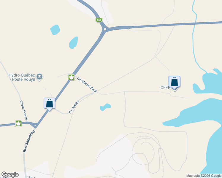 map of restaurants, bars, coffee shops, grocery stores, and more near 129 Avenue Marcel Baril in Rouyn-Noranda