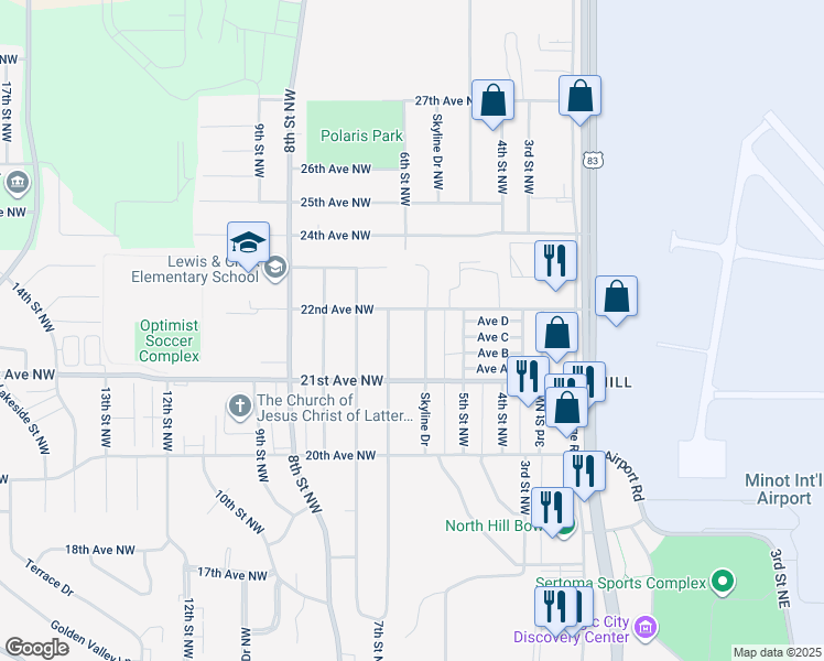 map of restaurants, bars, coffee shops, grocery stores, and more near 525 22nd Avenue Northwest in Minot