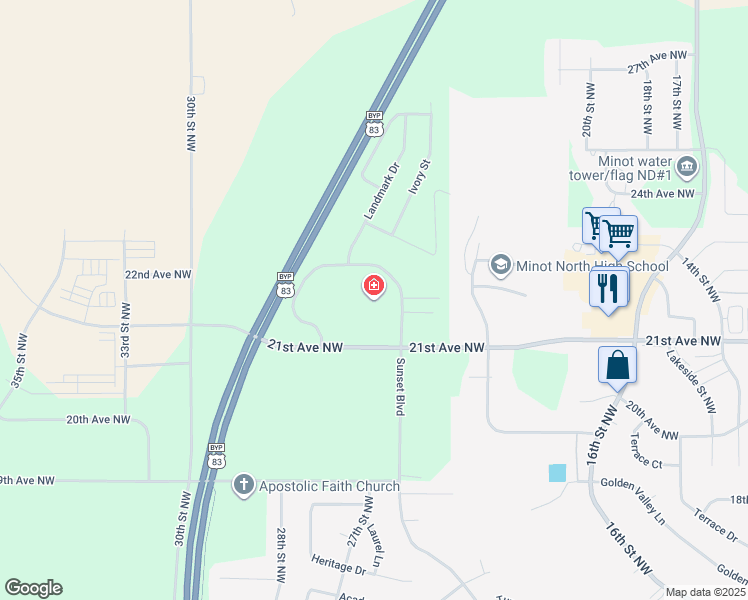 map of restaurants, bars, coffee shops, grocery stores, and more near 2111 Landmark Circle in Minot