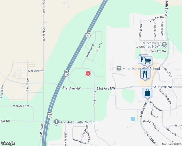 map of restaurants, bars, coffee shops, grocery stores, and more near 2111 Landmark Circle in Minot