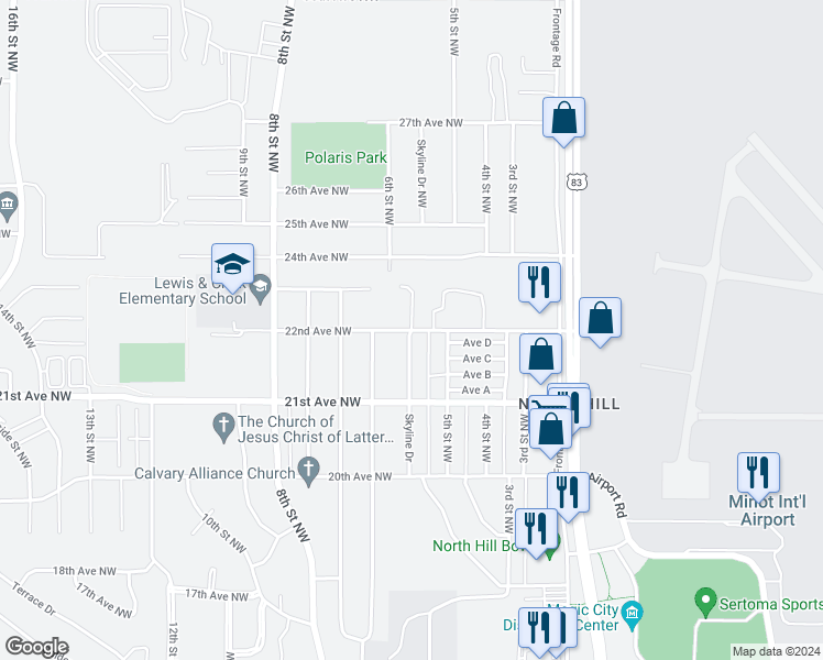 map of restaurants, bars, coffee shops, grocery stores, and more near 2009 Skyline Drive in Minot