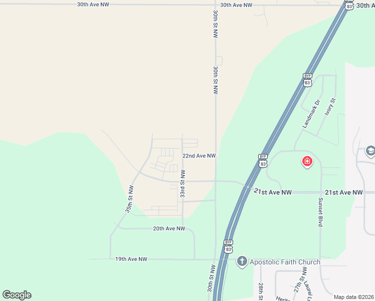 map of restaurants, bars, coffee shops, grocery stores, and more near 2200 33rd Street Northwest in Minot
