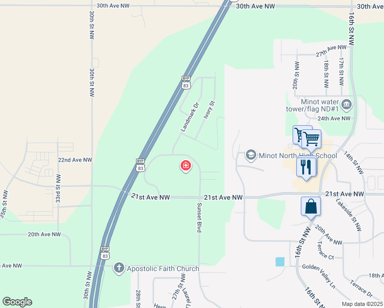 map of restaurants, bars, coffee shops, grocery stores, and more near 2208 Landmark Circle in Minot