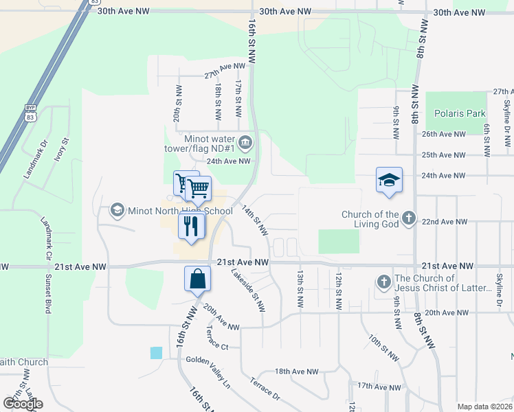 map of restaurants, bars, coffee shops, grocery stores, and more near 2308 14th Street Northwest in Minot
