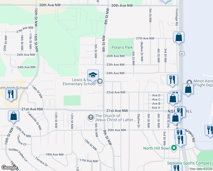 map of restaurants, bars, coffee shops, grocery stores, and more near 2210-2214 8th Street Northwest in Minot