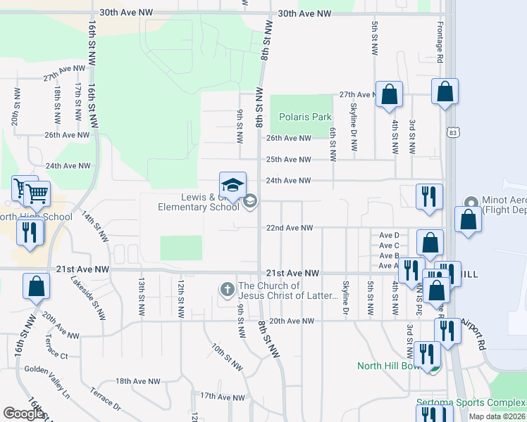 map of restaurants, bars, coffee shops, grocery stores, and more near 2210 8th Street Northwest in Minot
