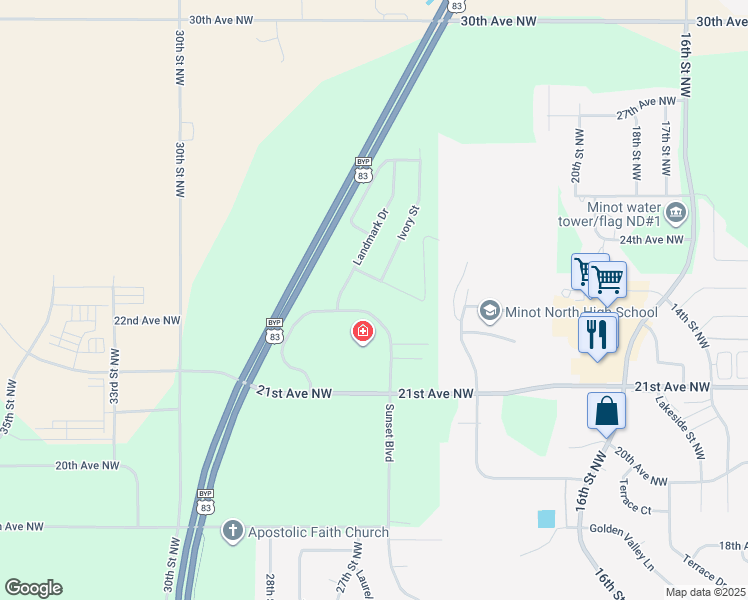 map of restaurants, bars, coffee shops, grocery stores, and more near 2208 Landmark Circle in Minot