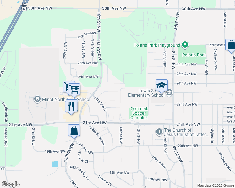 map of restaurants, bars, coffee shops, grocery stores, and more near 2376 14th Street Northwest in Minot