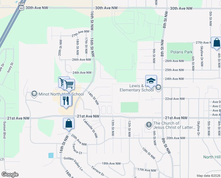 map of restaurants, bars, coffee shops, grocery stores, and more near 2376 14th Street Northwest in Minot