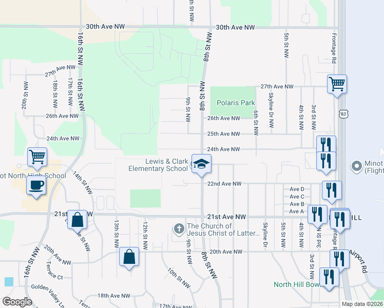 map of restaurants, bars, coffee shops, grocery stores, and more near 814 24th Avenue Northwest in Minot