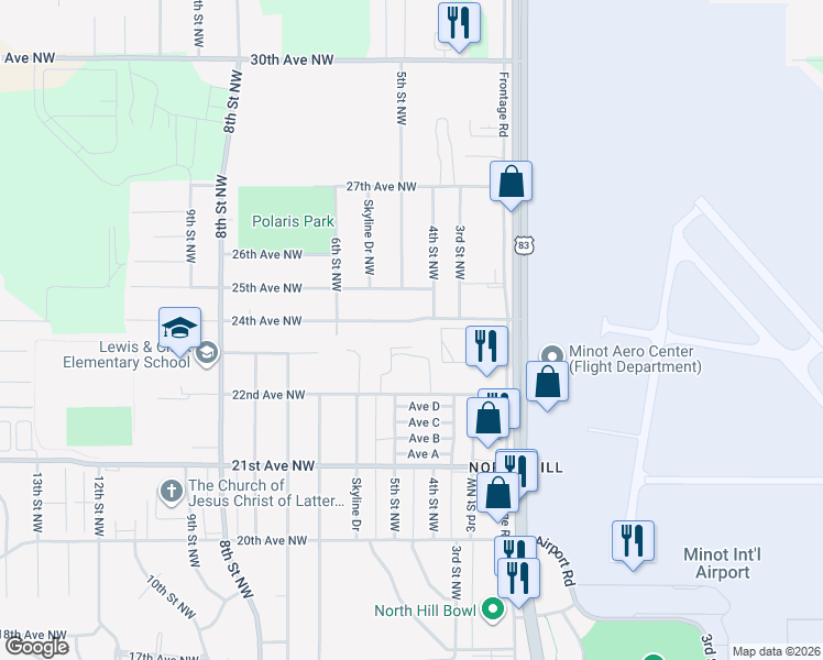 map of restaurants, bars, coffee shops, grocery stores, and more near 400 24th Avenue Northwest in Minot