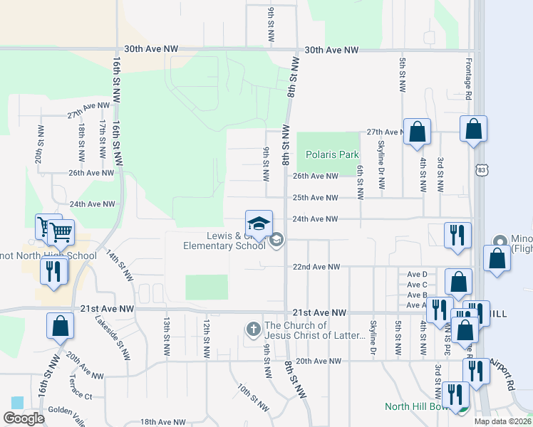 map of restaurants, bars, coffee shops, grocery stores, and more near 814 24th Avenue Northwest in Minot