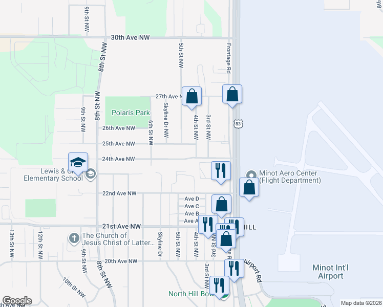 map of restaurants, bars, coffee shops, grocery stores, and more near 400 24th Avenue Northwest in Minot